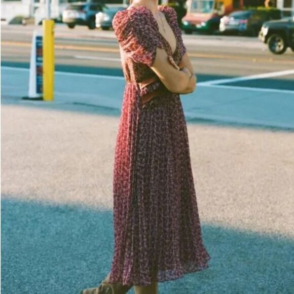 En Saison burgundy floral print fit‎ and flare midi dress, size XS - Picture 2 of 16